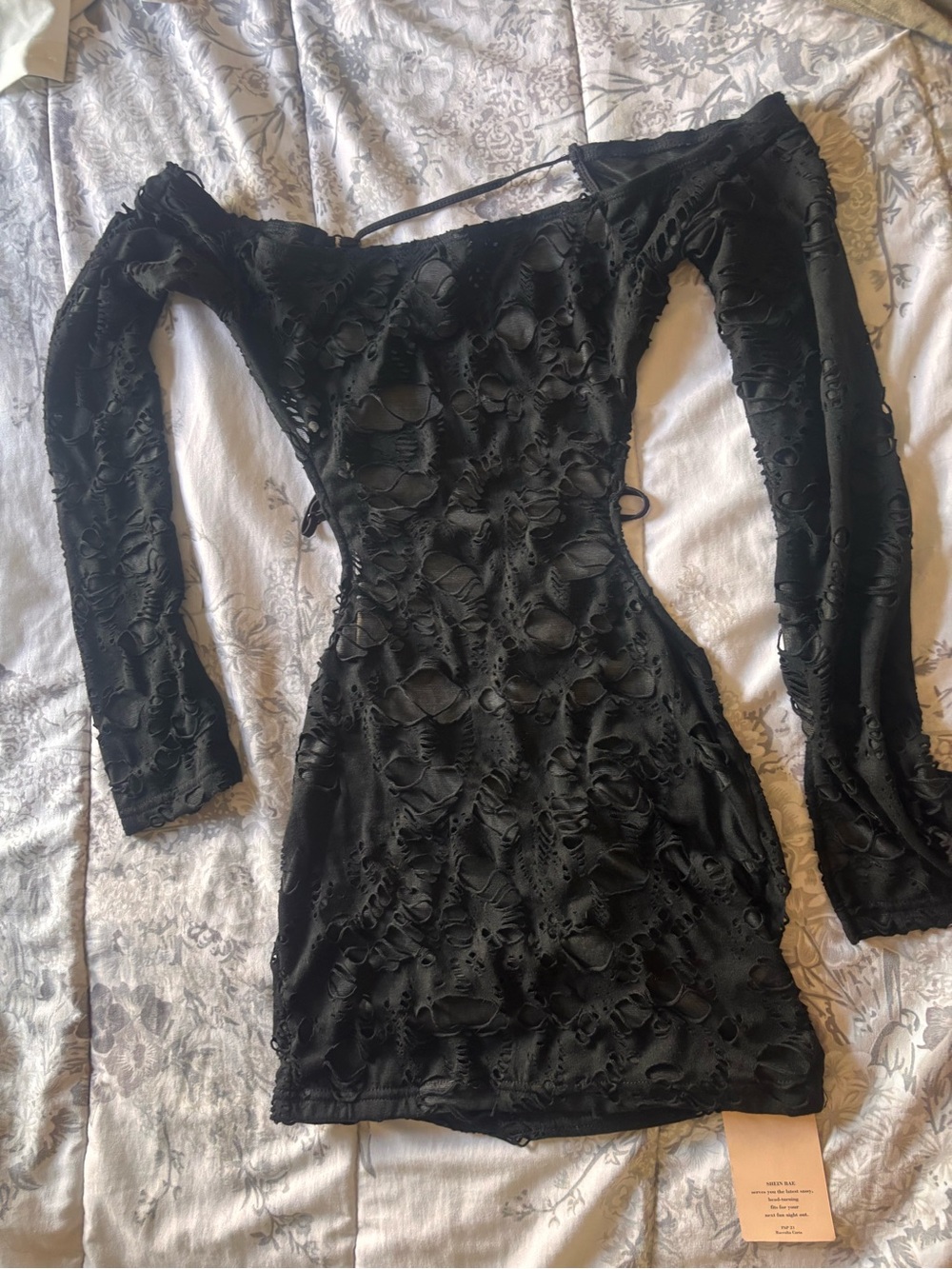 Women’s Black Distressed Long Sleeve Cutout Dress